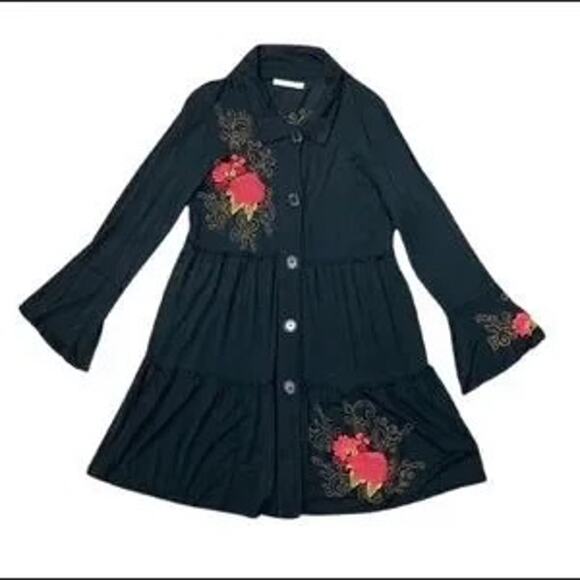 Caite Dresses & Skirts - Caite Floral Embroidered Button Front Long Sleeve Dress Size S Small Black Multi